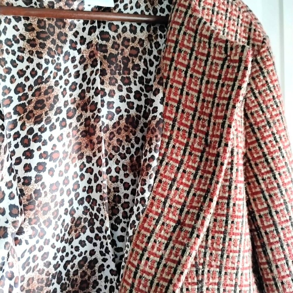 FDJ Tweed Collarless Blazer Plaid Leopard Lined Jacket - Picture 8 of 9